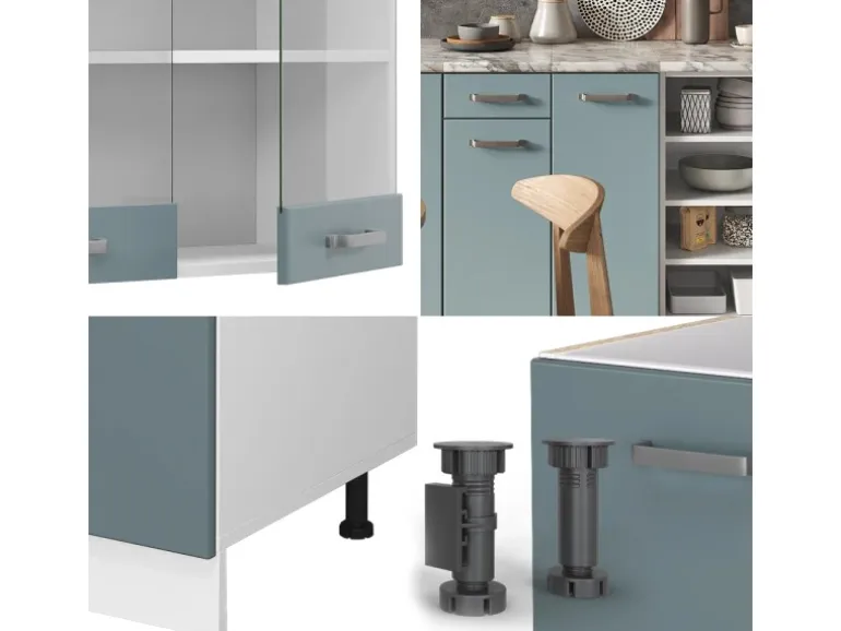 Vicco R-Line Küchenzeile Blau-Grau/Weiß 240 cm ohne Arbeitsplatte ohne E-Geräte