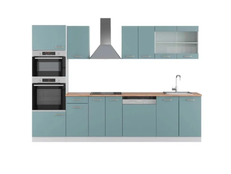 Vicco R-Line Küchenzeile Blau-Grau/Weiß 300 cm mit HochschrankAP Eiche ohne E-Geräte