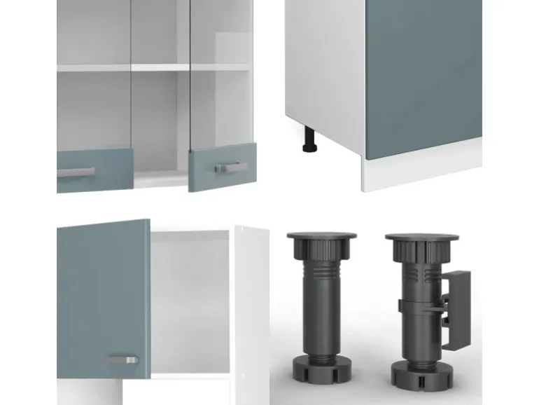 Vicco R-Line Küchenzeile Blau-Grau/Weiß 300 cm mit HochschrankAP Eiche ohne E-Geräte