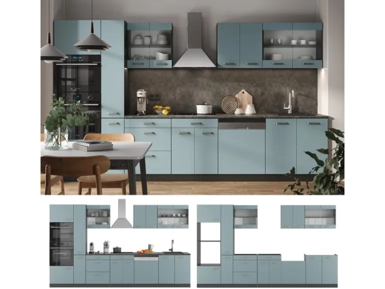Vicco R-Line Küchenzeile Blau-Grau/Anthrazit 350 cm mit HochschrankAP Eiche ohne E-Geräte