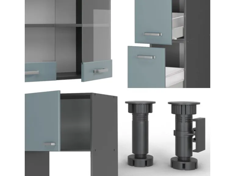 Vicco R-Line Küchenzeile Blau-Grau/Anthrazit 350 cm mit HochschrankAP Eiche ohne E-Geräte