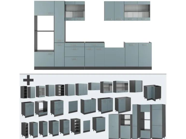 Vicco R-Line Küchenzeile Blau-Grau/Anthrazit 350 cm mit HochschrankAP Eiche ohne E-Geräte