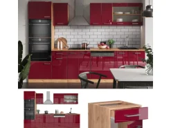 Vicco R-Line Küchenzeile Bordeaux Hochglanz/Goldkraft Eiche 300 cm mit HochschrankAP Anthrazit ohne E-Geräte