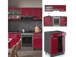 Vicco R-Line Küchenzeile Bordeaux Hochglanz/Anthrazit 200 cm ohne Arbeitsplatte ohne E-Geräte