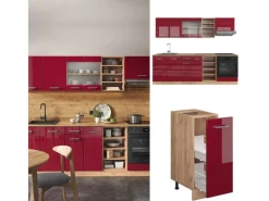 Vicco R-Line Küchenzeile Bordeaux Hochglanz/Goldkraft Eiche 240 cm ohne Arbeitsplatte ohne E-Geräte