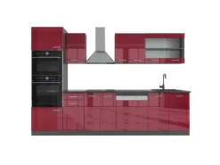 Vicco R-Line Küchenzeile Bordeaux Hochglanz/Anthrazit 300 cm mit Hochschrankohne Arbeitsplatte ohne E-Geräte