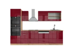 Vicco R-Line Küchenzeile Bordeaux Hochglanz/Goldkraft Eiche 300 cm mit Hochschrankohne Arbeitsplatte ohne E-Geräte