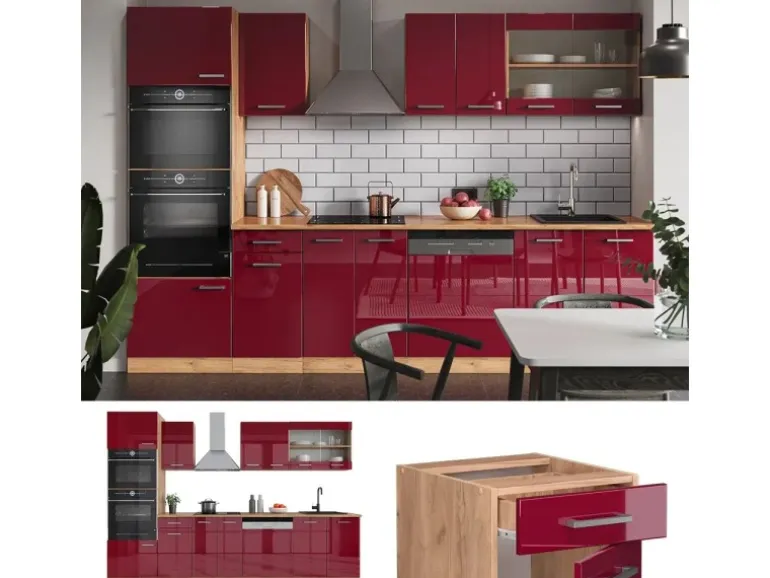 Vicco R-Line Küchenzeile Bordeaux Hochglanz/Goldkraft Eiche 300 cm mit Hochschrankohne Arbeitsplatte ohne E-Geräte
