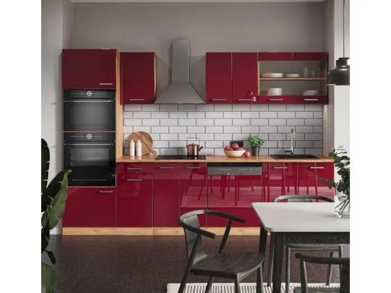 Vicco R-Line Küchenzeile Bordeaux Hochglanz/Goldkraft Eiche 300 cm mit Hochschrankohne Arbeitsplatte ohne E-Geräte