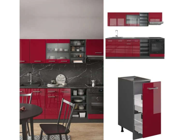 Vicco R-Line Küchenzeile Bordeaux Hochglanz/Anthrazit 240 cm ohne Arbeitsplatte ohne E-Geräte