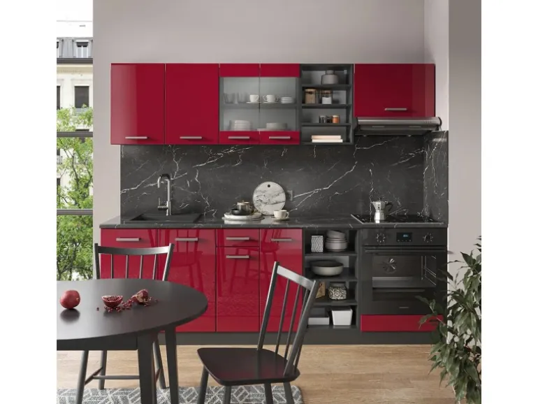 Vicco R-Line Küchenzeile Bordeaux Hochglanz/Anthrazit 240 cm ohne Arbeitsplatte ohne E-Geräte