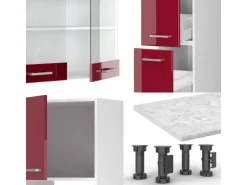 Vicco R-Line Küchenzeile Bordeaux Hochglanz/Weiß 350 cm mit HochschrankAP Anthrazit ohne E-Geräte