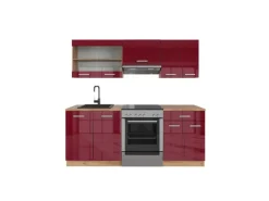 Vicco R-Line Küchenzeile Bordeaux Hochglanz/Goldkraft Eiche 200 cm ohne Arbeitsplatte ohne E-Geräte