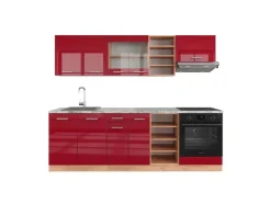 Vicco R-Line Küchenzeile Bordeaux Hochglanz/Goldkraft Eiche 240 cm AP Marmor ohne E-Geräte