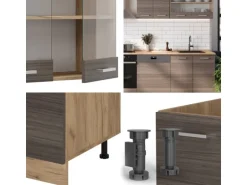 Vicco R-Line Küchenzeile Edelgrau/Goldkraft Eiche 300 cm AP Marmor ohne E-Geräte