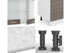 Vicco R-Line Küchenzeile Edelgrau/Weiß 300 cm mit HochschrankAP Marmor ohne E-Geräte