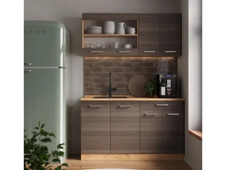 Vicco R-Line Küchenzeile Edelgrau/Goldkraft Eiche 140 cm AP Eiche ohne E-Geräte