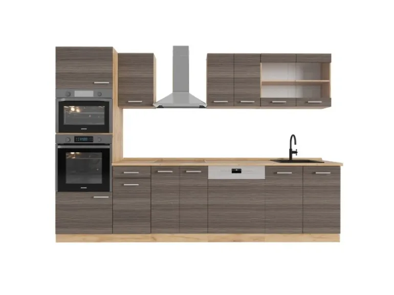 Vicco R-Line Küchenzeile Edelgrau/Goldkraft Eiche 300 cm mit HochschrankAP Eiche ohne E-Geräte