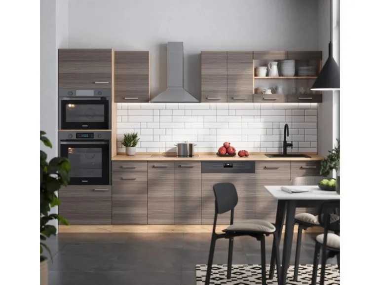 Vicco R-Line Küchenzeile Edelgrau/Goldkraft Eiche 300 cm mit HochschrankAP Eiche ohne E-Geräte