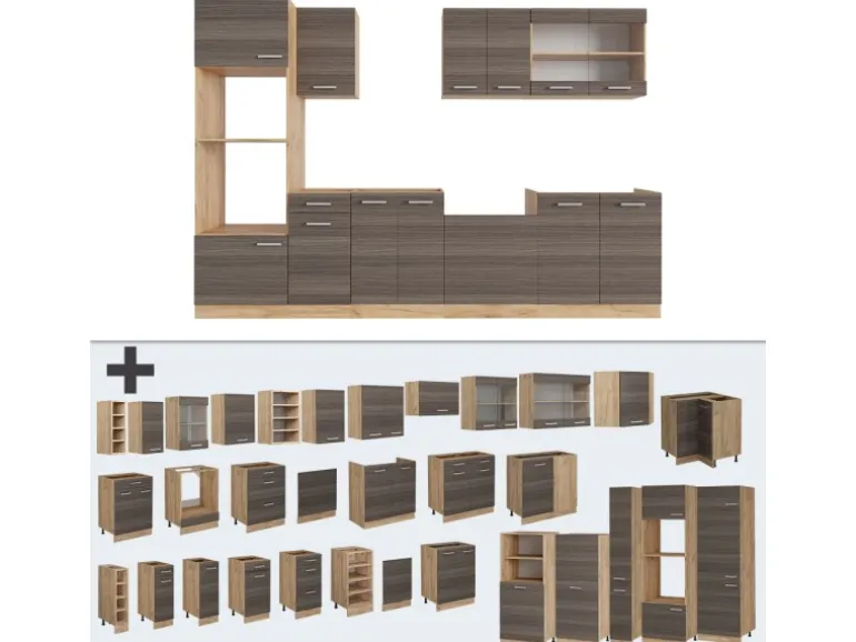 Vicco R-Line Küchenzeile Edelgrau/Goldkraft Eiche 300 cm mit HochschrankAP Eiche ohne E-Geräte