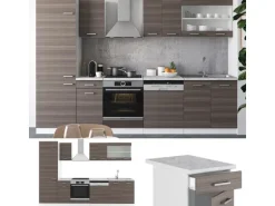 Vicco R-Line Küchenzeile Edelgrau/Weiß 300 cm AP Eiche ohne E-Geräte