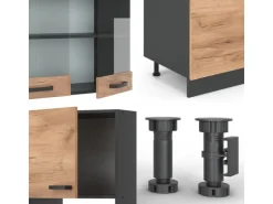 Vicco R-Line Küchenzeile Goldkraft Eiche/Anthrazit 300 cm mit HochschrankAP Eiche ohne E-Geräte