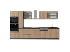 Vicco R-Line Küchenzeile Goldkraft Eiche/Anthrazit 350 cm J-Shapemit Hochschrankohne Arbeitsplatte ohne E-Geräte