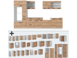 Vicco R-Line Küchenzeile Goldkraft Eiche/Weiß 350 cm AP Marmor ohne E-Geräte