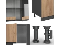 Vicco R-Line Küchenzeile Goldkraft Eiche/Anthrazit 300 cm J-Shapemit Hochschrankohne Arbeitsplatte ohne E-Geräte