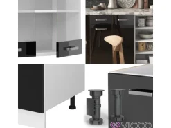 Vicco R-Line Küchenzeile Schwarz Hochglanz/Weiß 240 cm ohne Arbeitsplatte ohne E-Geräte