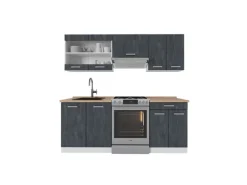 Vicco R-Line Küchenzeile Schwarz Beton/Weiß 200 cm AP Eiche ohne E-Geräte