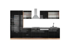 Vicco R-Line Küchenzeile Schwarz-Eiche Hochglanz/Goldkraft Eiche 350 cm mit HochschrankAP Marmor ohne E-Geräte