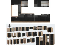 Vicco R-Line Küchenzeile Schwarz-Eiche Hochglanz/Goldkraft Eiche 350 cm mit HochschrankAP Marmor ohne E-Geräte