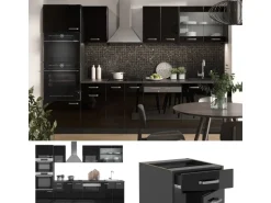 Vicco R-Line Küchenzeile Schwarz Hochglanz/Anthrazit 300 cm mit HochschrankAP Anthrazit ohne E-Geräte