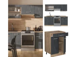 Vicco R-Line Küchenzeile Schwarz Beton/Goldkraft Eiche 200 cm AP Marmor ohne E-Geräte