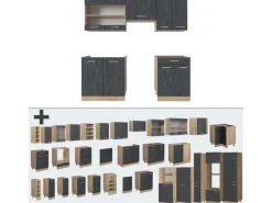 Vicco R-Line Küchenzeile Schwarz Beton/Goldkraft Eiche 200 cm AP Marmor ohne E-Geräte