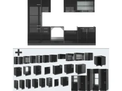 Vicco R-Line Küchenzeile Schwarz Hochglanz/Anthrazit 300 cm AP Marmor ohne E-Geräte