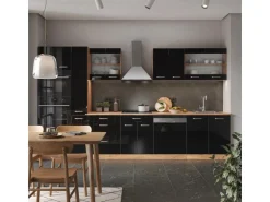 Vicco R-Line Küchenzeile Schwarz Hochglanz 350 cm mit HochschrankAP Eiche ohne E-Geräte