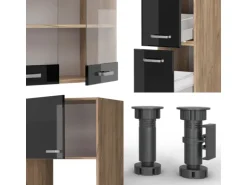 Vicco R-Line Küchenzeile Schwarz Hochglanz 350 cm mit HochschrankAP Eiche ohne E-Geräte