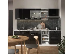 Vicco R-Line Küchenzeile Schwarz Hochglanz 240 cm AP Marmor ohne E-Geräte