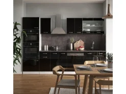 Vicco R-Line Küchenzeile Schwarz Hochglanz 300 cm mit HochschrankAP Marmor ohne E-Geräte