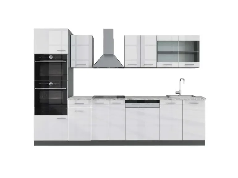 Vicco R-Line Küchenzeile Weiß Hochglanz/Anthrazit 300 cm mit HochschrankAP Marmor ohne E-Geräte