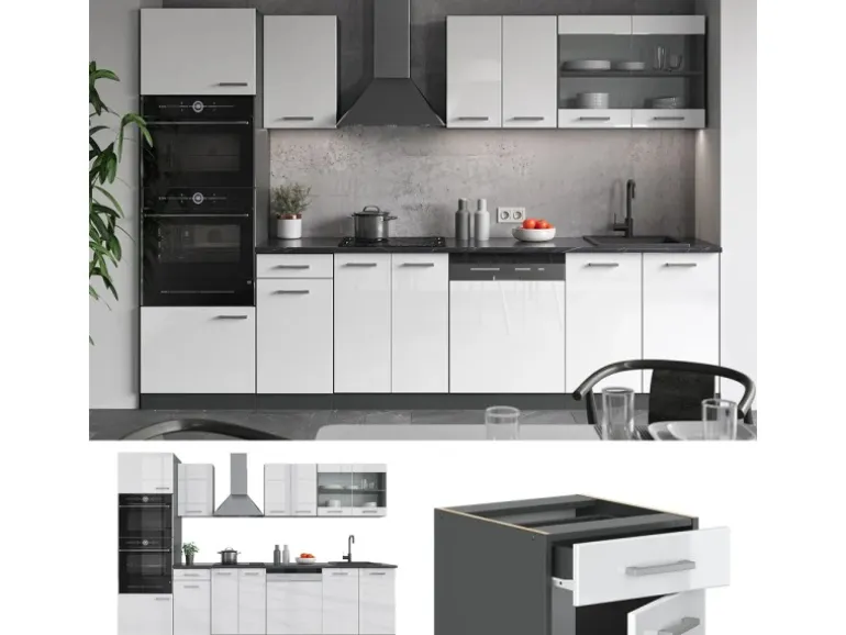 Vicco R-Line Küchenzeile Weiß Hochglanz/Anthrazit 300 cm mit HochschrankAP Marmor ohne E-Geräte