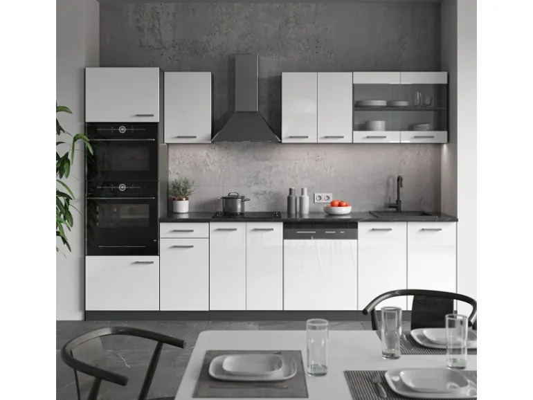 Vicco R-Line Küchenzeile Weiß Hochglanz/Anthrazit 300 cm mit HochschrankAP Marmor ohne E-Geräte