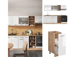 Vicco R-Line Küchenzeile Weiß Hochglanz/Goldkraft Eiche 240 cm ohne Arbeitsplatte ohne E-Geräte