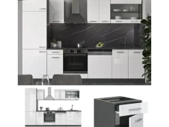 Vicco R-Line Küchenzeile Weiß Hochglanz/Anthrazit 300 cm AP Marmor ohne E-Geräte