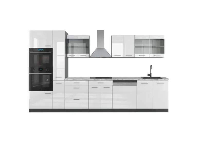 Vicco R-Line Küchenzeile Weiß Hochglanz/Anthrazit 350 cm mit HochschrankAP Marmor ohne E-Geräte