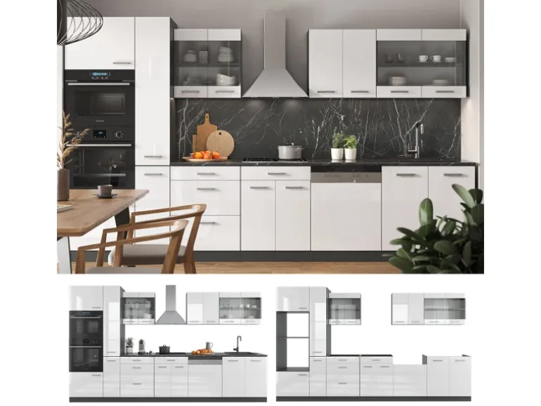 Vicco R-Line Küchenzeile Weiß Hochglanz/Anthrazit 350 cm mit HochschrankAP Marmor ohne E-Geräte