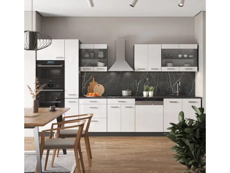 Vicco R-Line Küchenzeile Weiß Hochglanz/Anthrazit 350 cm mit HochschrankAP Marmor ohne E-Geräte