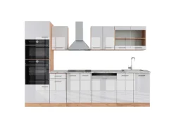 Vicco R-Line Küchenzeile Weiß Hochglanz/Goldkraft Eiche 300 cm mit HochschrankAP Marmor ohne E-Geräte